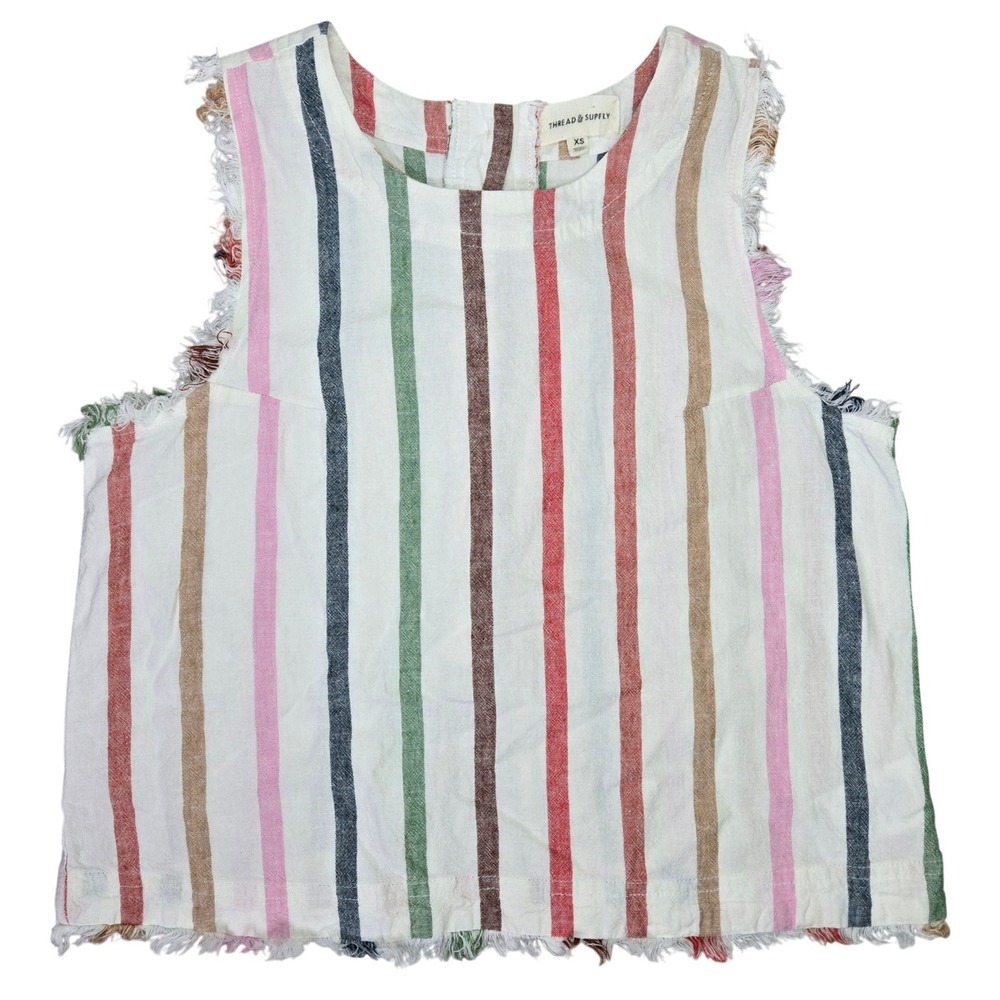Thread & Supply Rainbow Striped Linen Blend‎ Tank Top Frayed Hem XS T2195LRVM